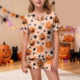 thumbnail image 2 of Futezty Toddler Halloween Pajamas Kids Pumpkin Ghost Print Satin Pajama Set Short Sleeve Button Down Sleepwear with Shorts Set Little Girl Clothes 3T-13T, 2 of 5