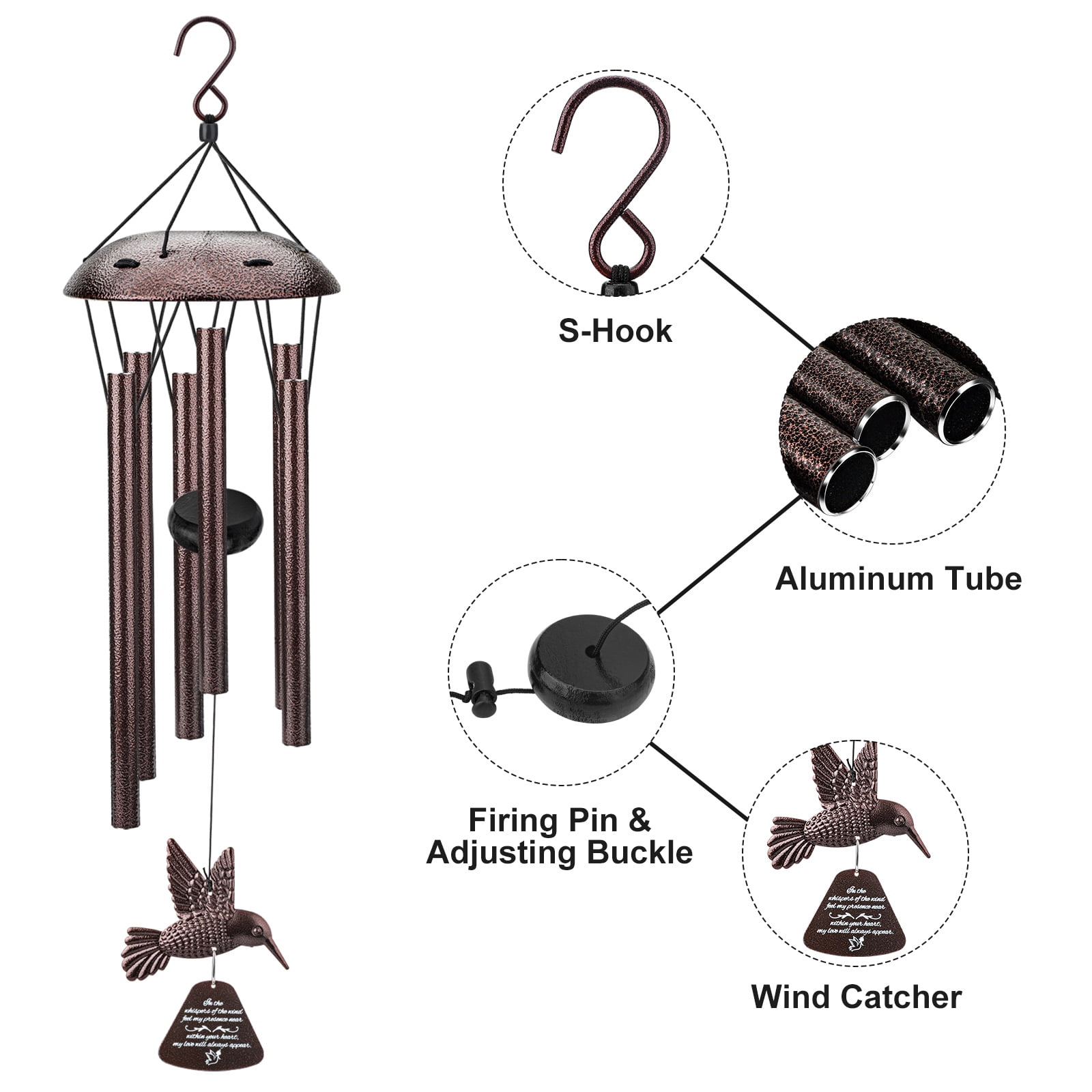 EEEkit 36'' Waterproof Hummingbird Wind Chimes, 6 Tubes Outdoor Memorial Bell with S Hook for Garden