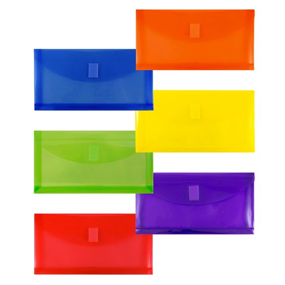 JAM Paper & Envelope No. 10 Plastic Envelopes, 5 1/4 x 10 x 1, Assorted, Button String, 6/Pack