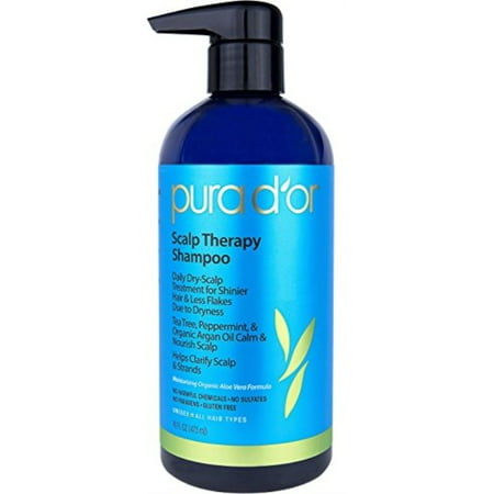 PURA D\'OR Scalp Therapy Shampoo for Dandruff and Itchy Scalp, Infused with Argan Oil, Tea Tree and Natural Ingredients, Sulfate Free, All Hair Types, Men & Women, 16 Fl Oz (Packaging may
