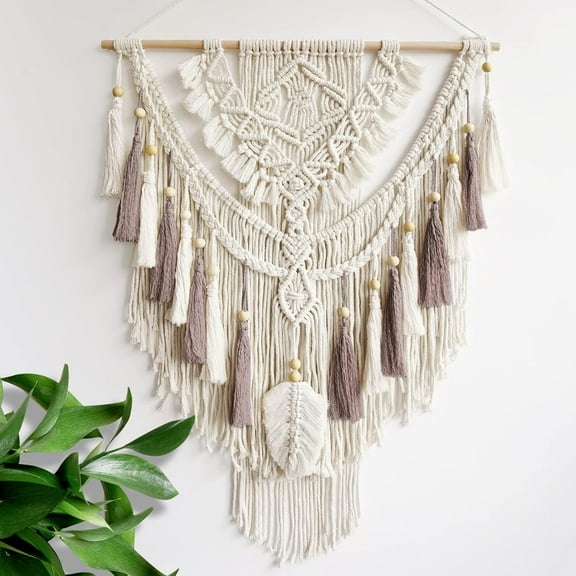 Macrame Wall Hanging, Woven Tapestry Beige & Dusty Rose    Craft Macrame Wall Decor, Gallery & Nursery, Size 37.4” Lx27.5” W