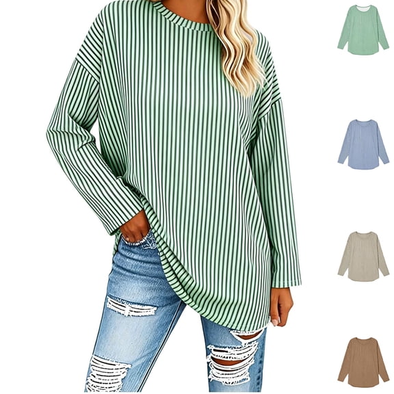 Women's T-shirt Classic Striped Crew Neck Long Sleeves Tee Tops (Green M)