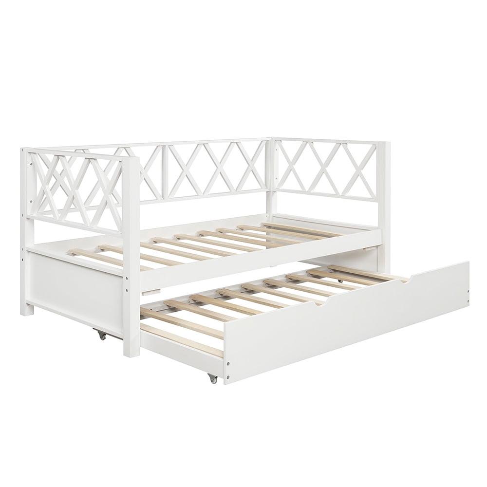 Wood Daybed with Trundle, Twin Size Day Bed Sofa Bed, White