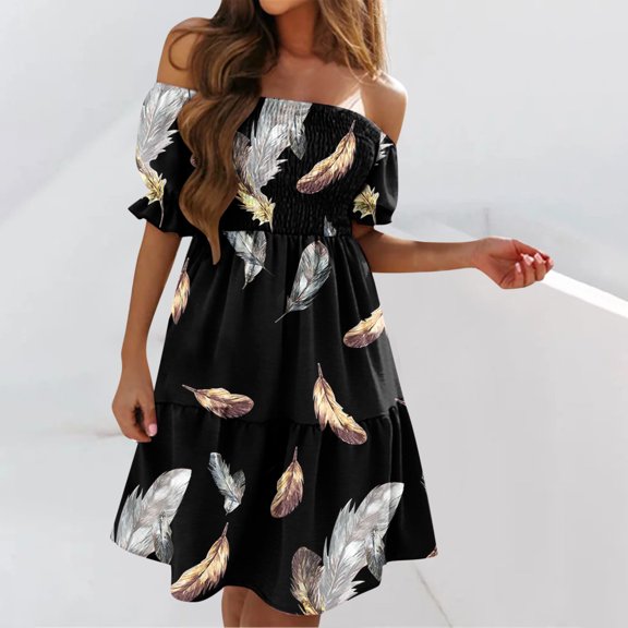 Teacher Appreciation Gifts AXXD dresses for women 2024,Sexy Summer Printed Short Sleeve One Shoulder Shirred Swing Dress wrap dress for women dresses size 6