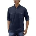 thumbnail image 3 of DDAPJ pyju Mens Cargo Work Shirt Rolled Up Long Sleeve Band Collar T-Shirt Lightweight Collarless Linen Shirts with 2 Pockets Dark Blue XL, 3 of 7