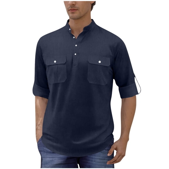FAWUUDO Men Shirt Pullover Casual Stand-up Collar Solid Beach Long Sleeves T-Shirt Blouse M Dark Blue