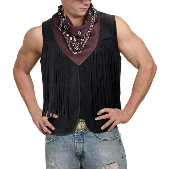 Fgnfyis Jackets for Men Western Cowboy Tassel Vest Hat Belt Buckle Paisley Bandana for Halloween Mens Coats and Jackets Black XXL