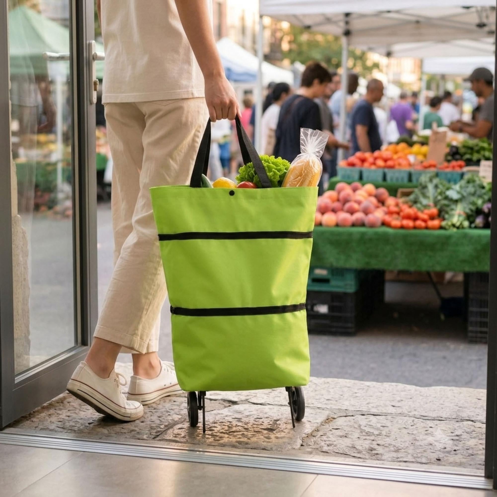 ARVELLIA Foldable Shopping Cart Grocery Bag Hand Truck with Wheels Sturdy Collapsible Portable Rolling Tote for Supermarket Laundry Travel Heavy Duty Versatile Utility Cart Green 18.1 Inches Tall