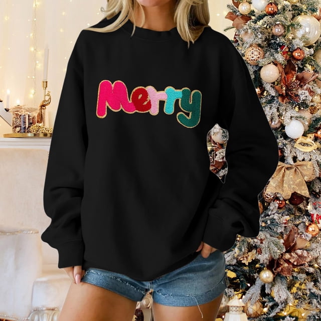 Chandails d'Hiver Grande Taille pour Femmes Chandail à Capuche Décontracté Imprimé de Noël Col Rond Manches Longues Noir TG