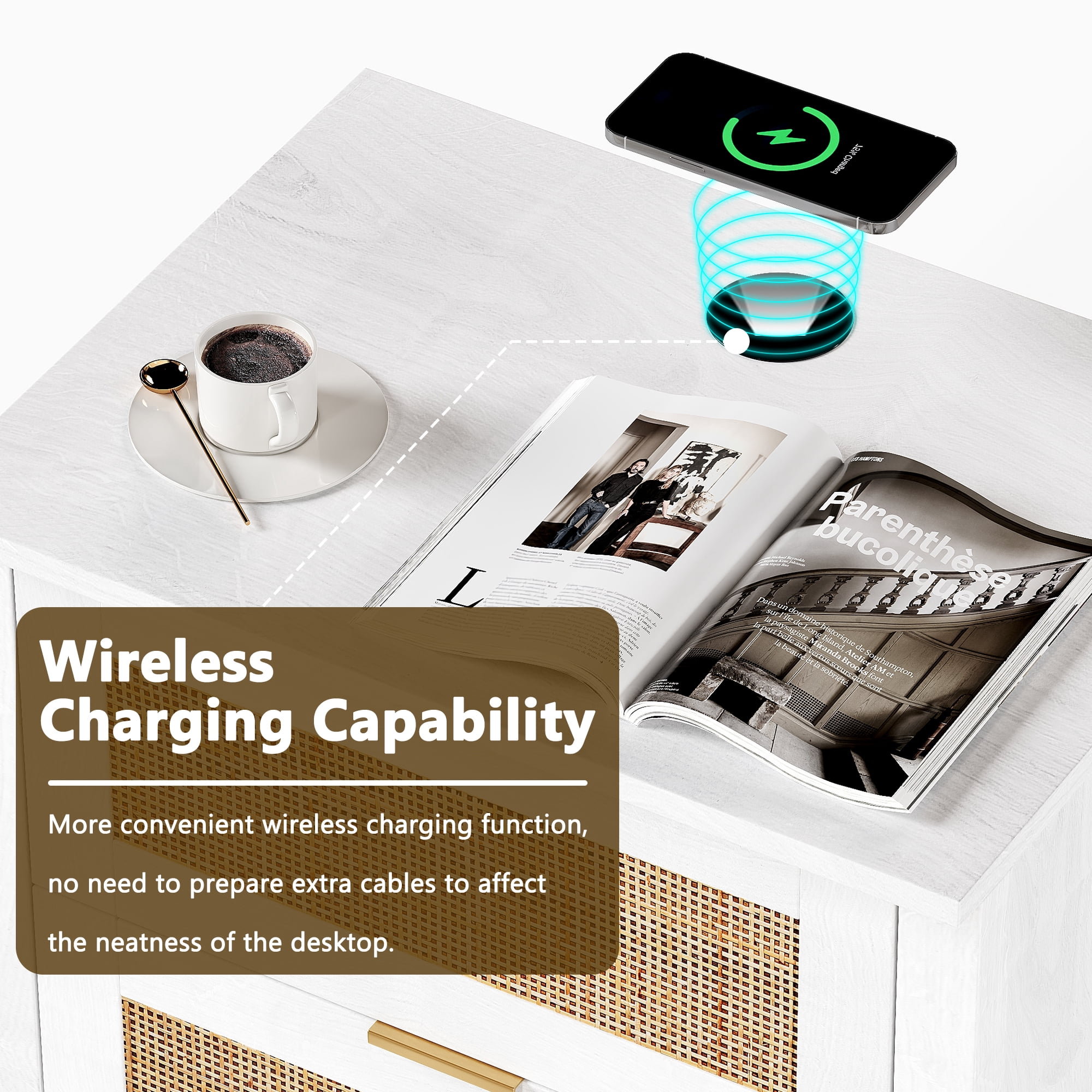 AODAILIHB Accent Bed Side Table, Rattan Night Stands Decor Drawer set of 2, Natural Wood Side Table with Wireless Charging Station, White