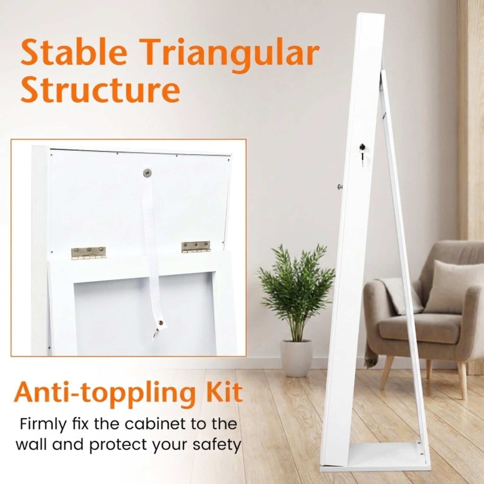 Furnibear Standing Lockable Jewelry Storage Organizer with Full-Length Mirror for Bedroom Dressing Room Jewelry Necklace Rings Storage Mirror, White