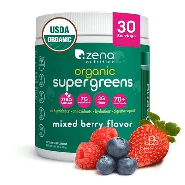 Zena Nutrition Organic Super Greens Powder Tub, Mixed Berry, 0 Sugar, 3G Fiber, Superfoods, 30 Servings