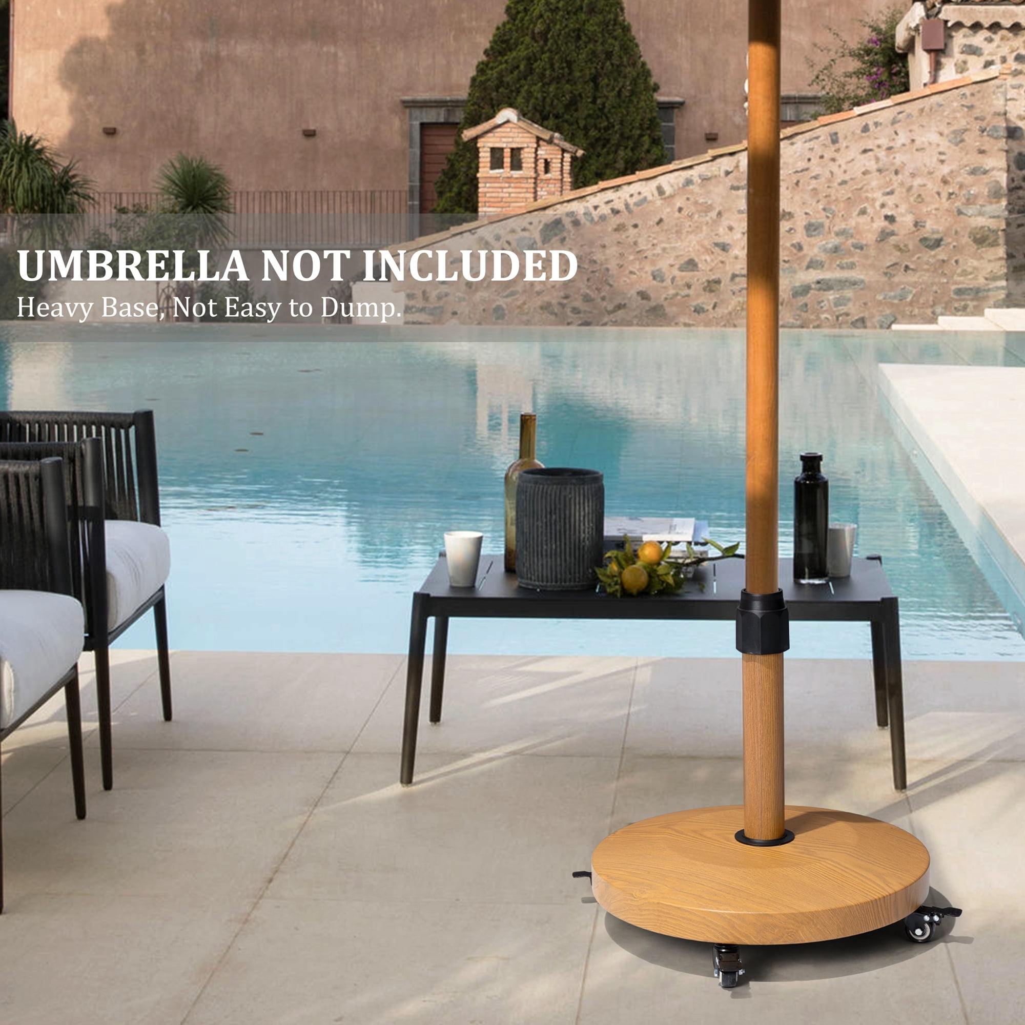 Pellebant Patio Umbrella Base with 4 Wheels, 55lbs Round Heavy Duty Concrete Stand for Outdoor Market Umbrella, Teak