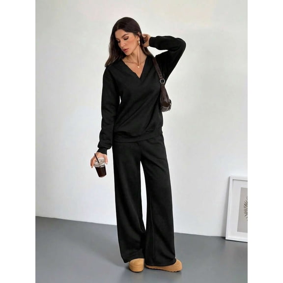 DENTOYOU Womens 2 Piece Lounge Sets Casual Long Sleeve V-Neck Pullover Sweatsuits Wide Leg Jogger with Pockets Outfits Black L