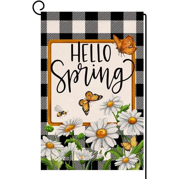 Hello Spring Daisy Garden Flag 12x18 Double Sided White Flowers Bee Butterfly Summer Farmhouse Holiday Outside Decorations Burlap Yard Flag BW777