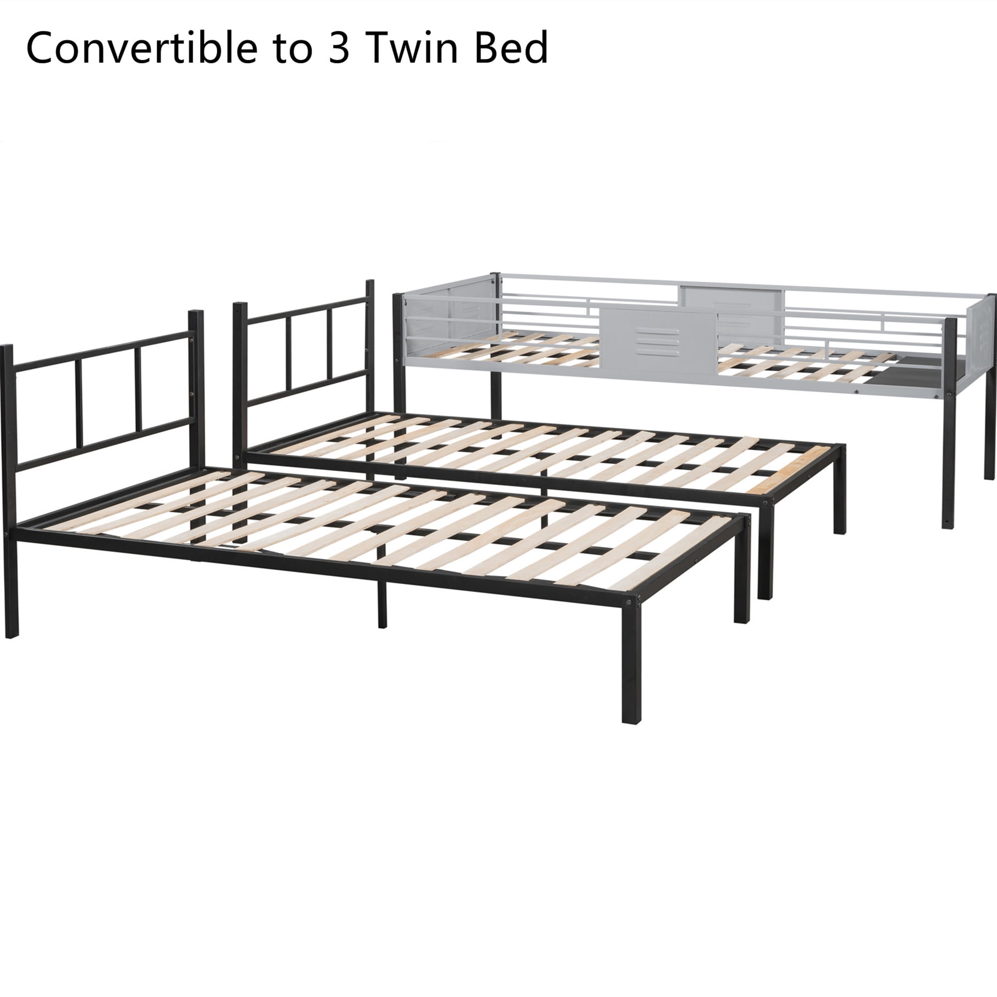 Aukfa Metal Triple Bunk Bed with Wooden Slats for Kids, Convertible to 3 Twin Bed Frame, Noise Free, Black