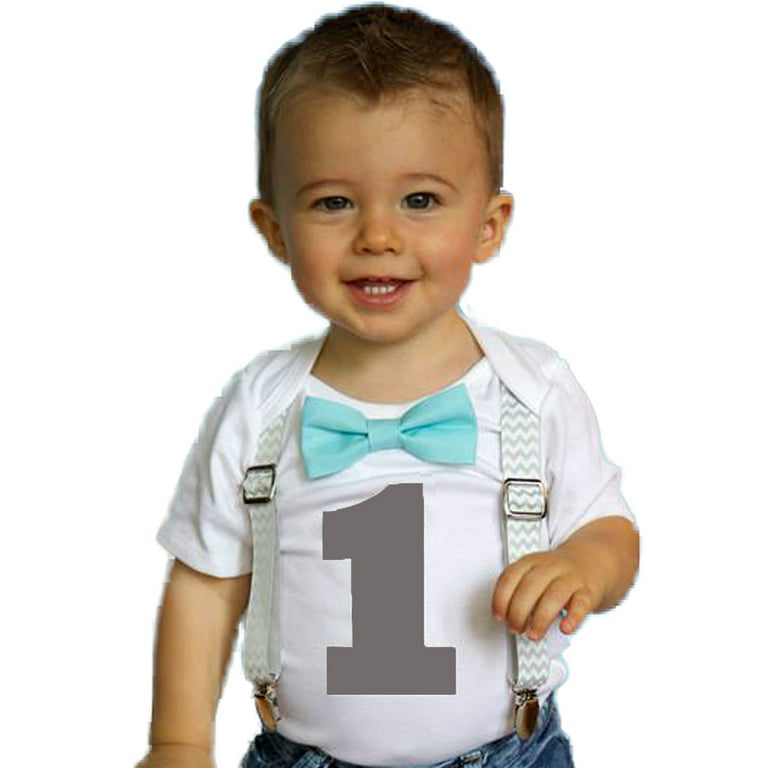 Boys First Birthday Outfit by Noah's Boytique Cake Smash Outfit Grey Chevron Aqua Bow Grey Number One 18-24 Months, Infant Boy's, Gray