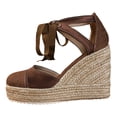 thumbnail image 4 of Rokment Platform Extra Wedge High Heels Dressy Shoes for Women Bride Wedding Beach Patchwork Closed Toe Espadrilles Chunky Heeled Strappy Dress Sandals Summer Fall Brown Size 6.5, 4 of 5
