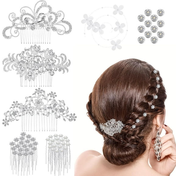 56 Pieces Bride Hair Accessories for Wedding Crystal Pearl Bridal Headpiece Hair Comb Rhinestone Clips Bridesmaid Flowers U-shaped Glitter Headpiece for Prom Wedding Hairstyles