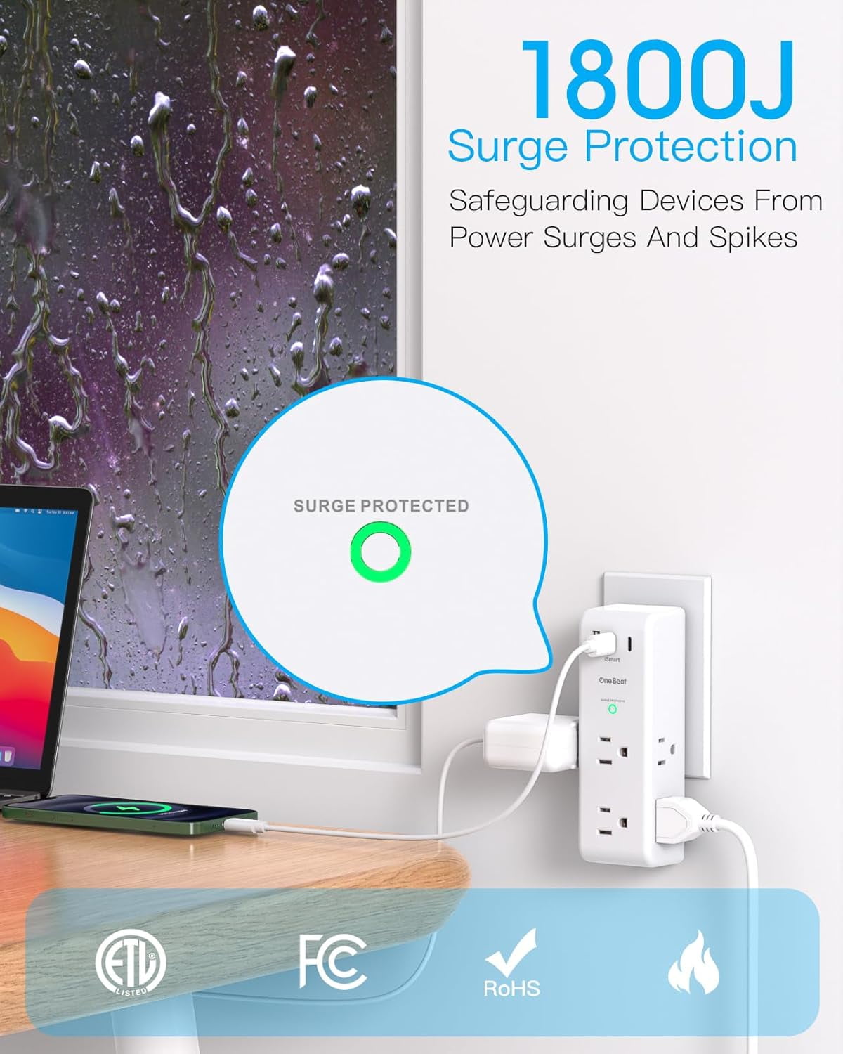 Surge Protector Outlet Extender, 6 AC Outlets & 3 USB Ports(2 USB C), 1800J 3-Sided Rotating Swivel Plug, White for Home Office Dorm