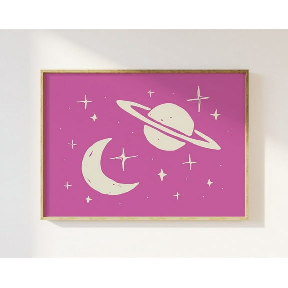 Outer Space Print, Art, Cute Stars And Planets Art Print, Pink Wall Art, Boho Space Wall Art, Modern Wall Decor, 8x12 UNFRAMED