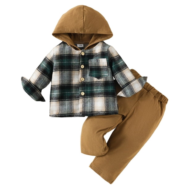 Gibobby Conjunto de ropa con capucha para niños Tops con capucha a cuadros de manga larga para niños pequeños, conjuntos deportivos informales de dos piezas(Marrón,12-18 Meses )