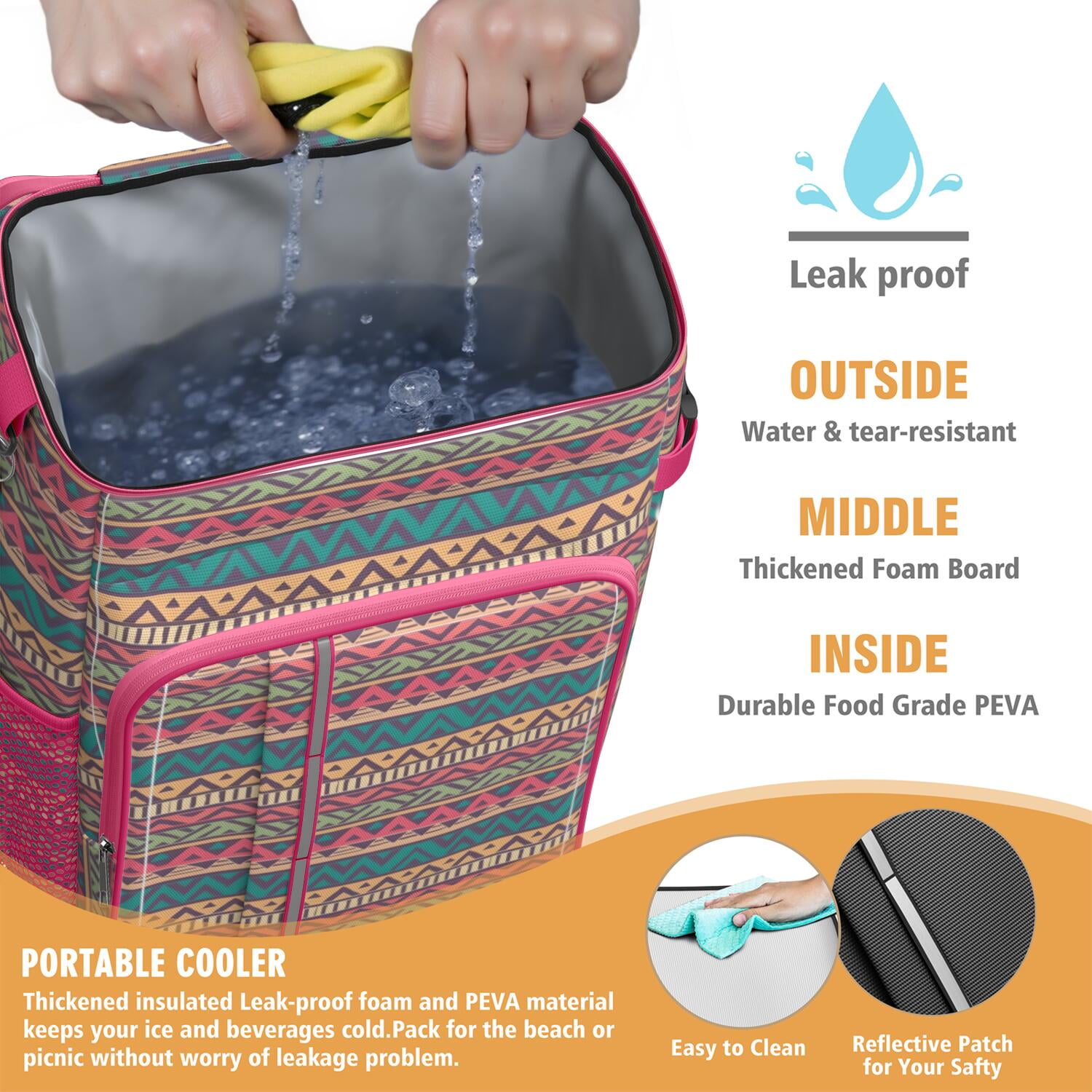 Travel Cooler Bag - Boho Bohemia Pioneer Flower Geometric Line Art Camping Beer Cooler Backpack with Bottle Opener- Waterproof Insulated Picnic Backpacks - Cooler Bag for Beach