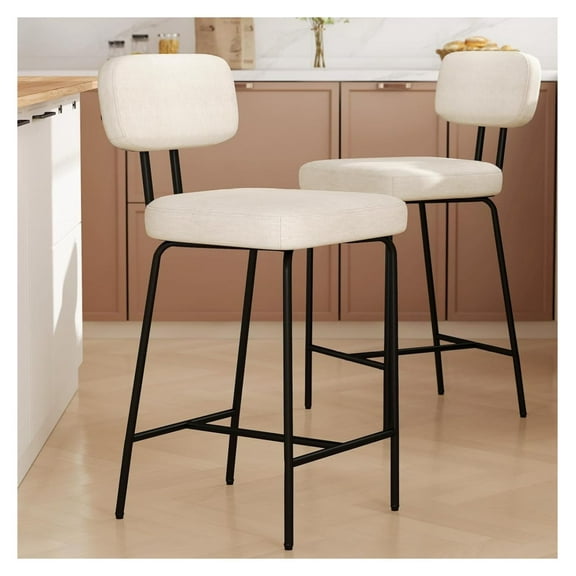 26 inch Fabric Upholstered Curved Back Counter Height Bar Stools Set of 2, White