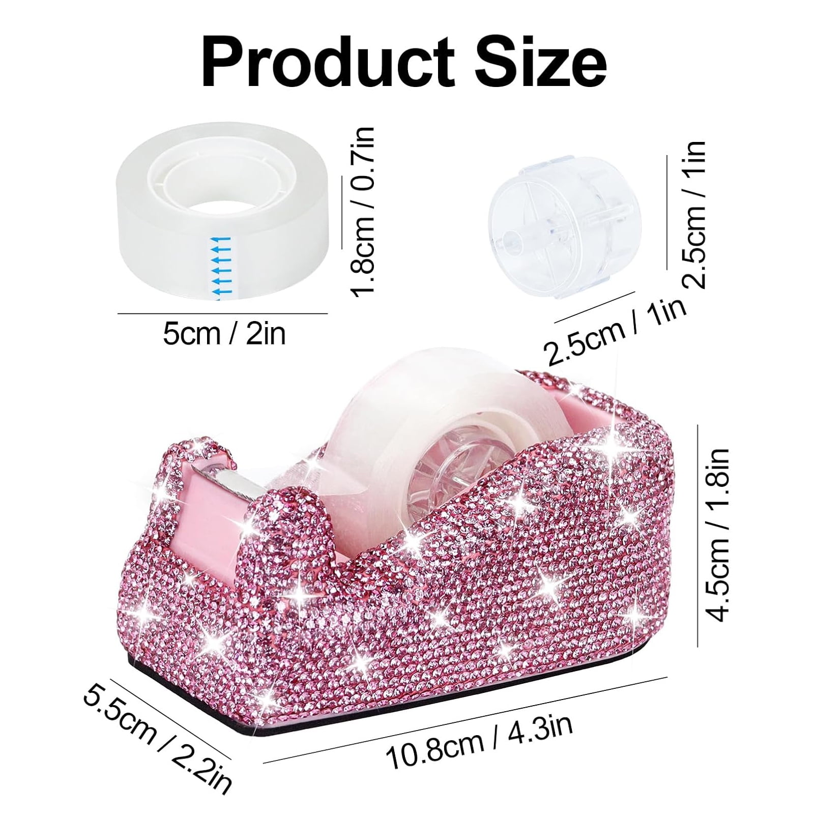 Multibey Bling Crystal Tape Dispenser, Sparkly Desktop Adhesive Tape Dispenser Cutter with Tape for Desk, Pink Glitter Tape Holder Cutter Rhinestone for Women Office Gift