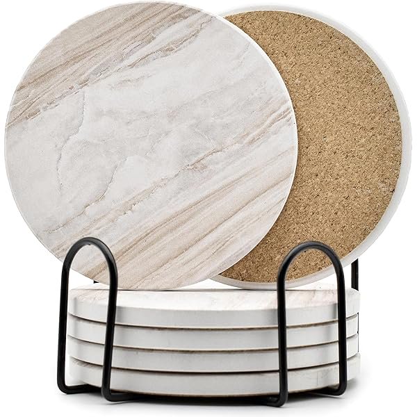 wonima44 6Pcs Drink Coasters with Holder, Marble Style Ceramic Drink Coaster, Absorbent Coasters Set Suitable for Kinds of Cups, Modern Style Coasters for Coffee Table, 4 Inches