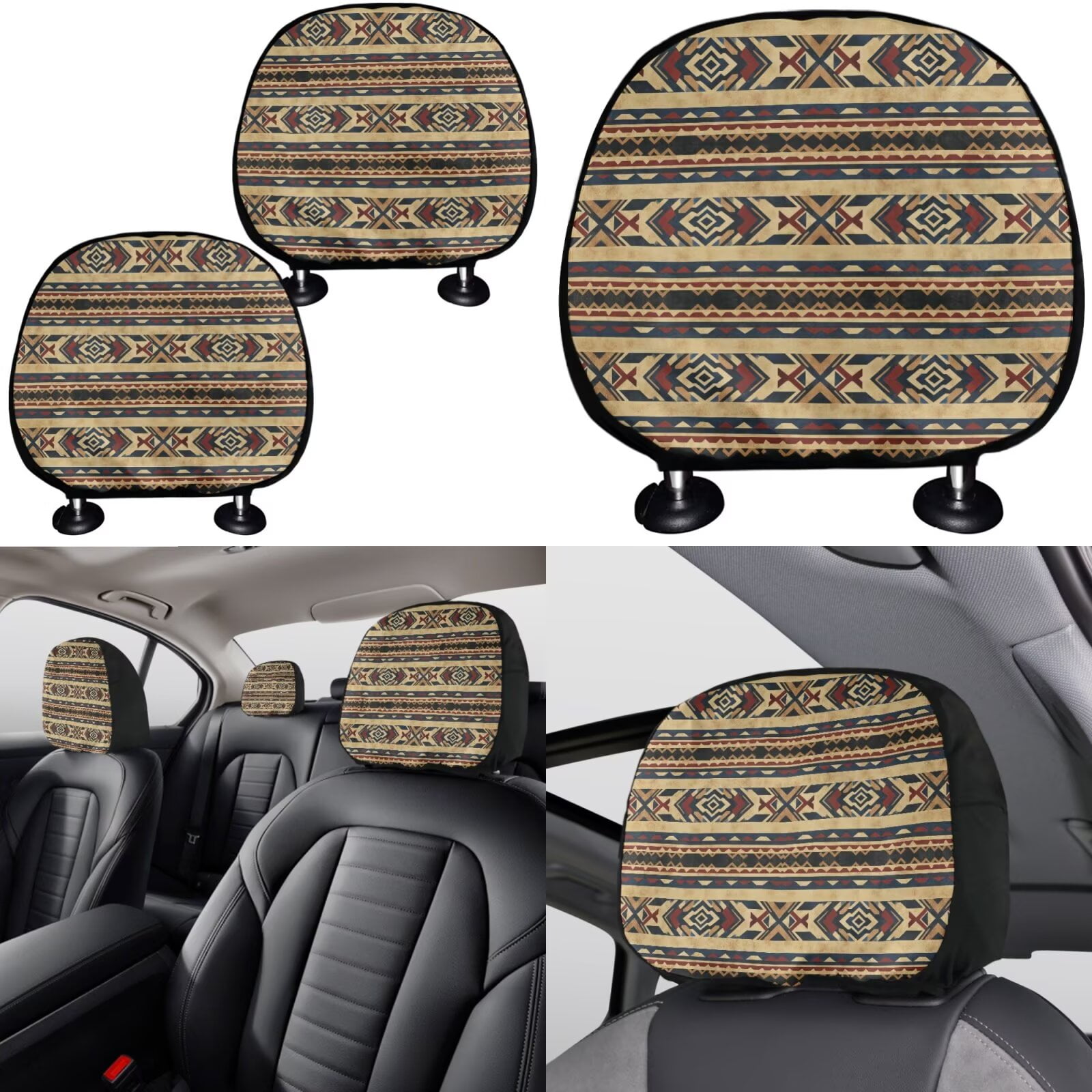 Garronmavis Aztec Geometry Car Seat Covers Full Set Tribe Style with Steering Wheel Wrap Gear Shift Cover Handbrake Sleeve Headrest Protectors Cup Coaster Fit for Most Sedan Van Truck