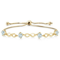 Gem Stone King 2.00 Ct Round Sky Blue Aquamarine 18K Yellow Gold Plated Silver Keren Hanan Women Adjustable Infinity Tennis Bracelet