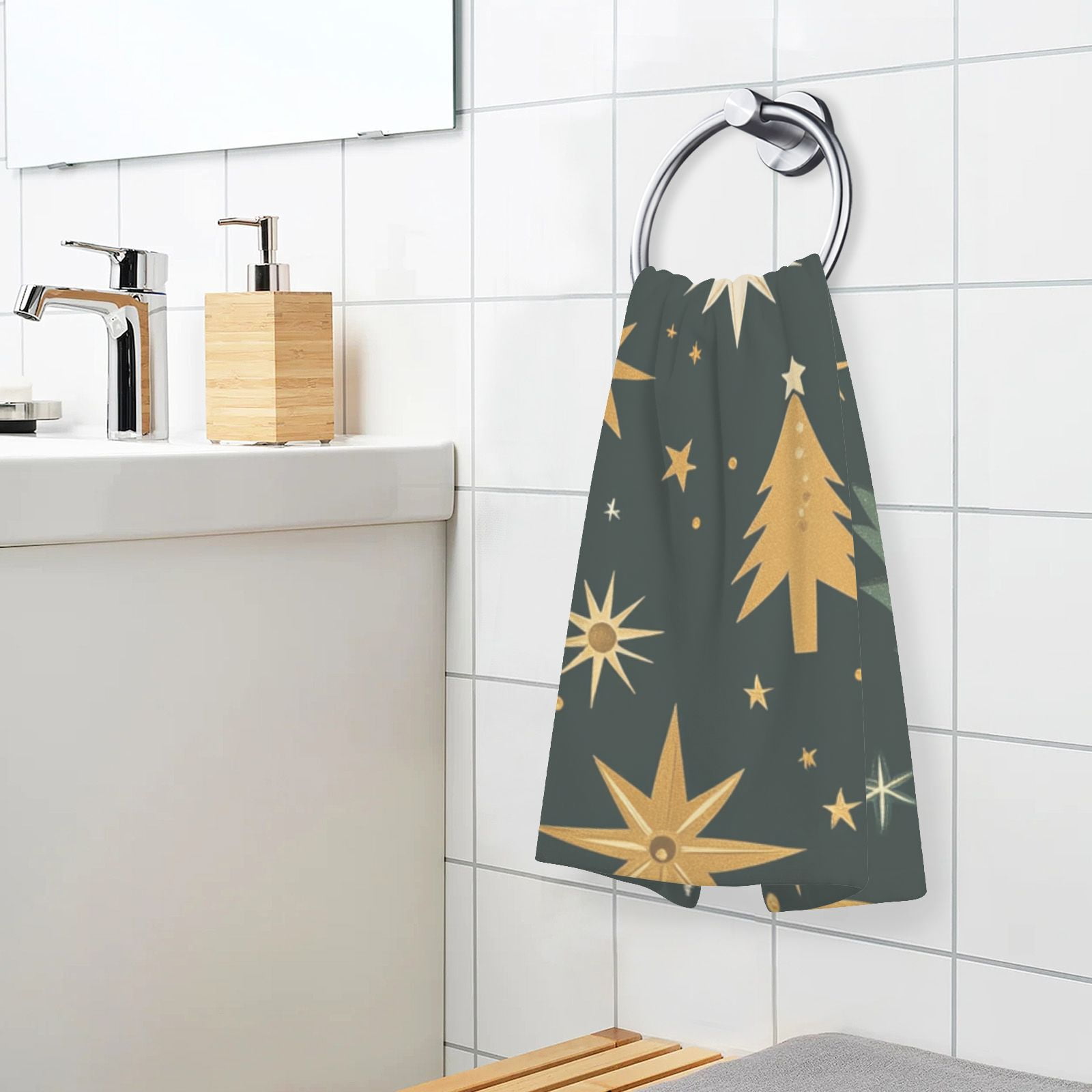 Stars and Christmas Trees Hand Towels Cotton Bath Towels Large Face Towels Absorbent for Bathroom 2 Packs