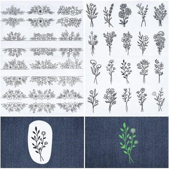 2 Style Flowers Water Soluble Embroidery Stabilizers Plants Frame Hand Sewing Stick and Stitch Transfers Paper Wash Away Pre-Printed Self Adhesive Patterns for Cloth Sewing Lovers Beginner Black