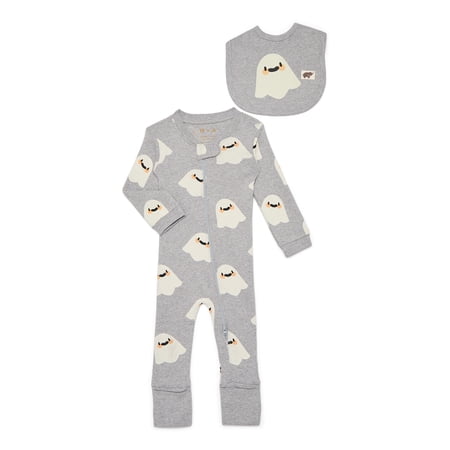 M+A by Monica + Andy Gender Neutral Baby Halloween Organic Cotton One Piece Pajamas and Bib Set, Sizes 0M-24M