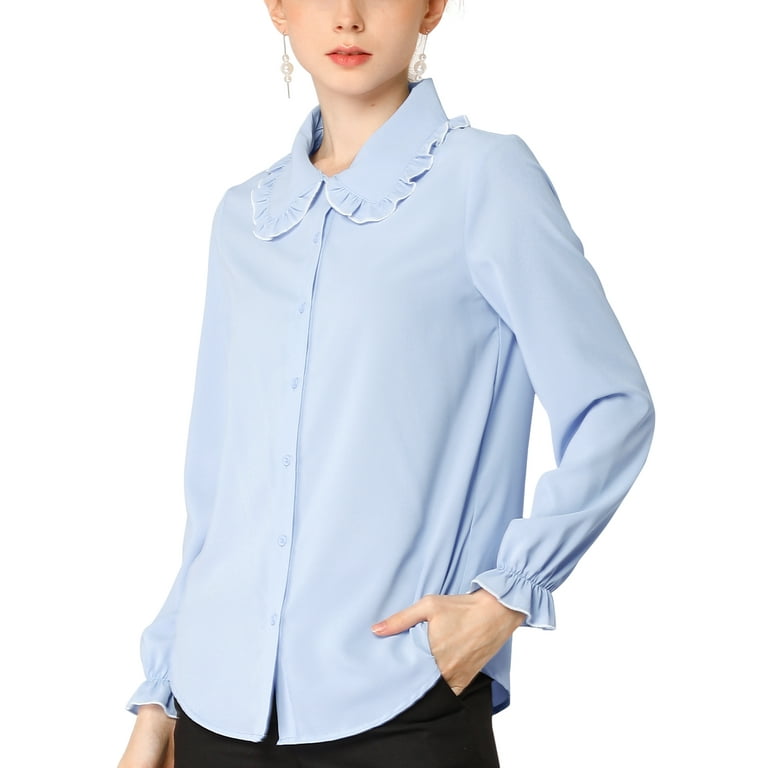Allegra K Women's Sweet Ruffle Peter Pan Collar Button up