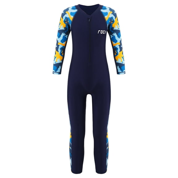 Yruioon Kid Boys One-Piece Swimsuit Zipper Long Sleeve Swimwear Rash Guard Bathing Suit Beachwear Navy Blue XL