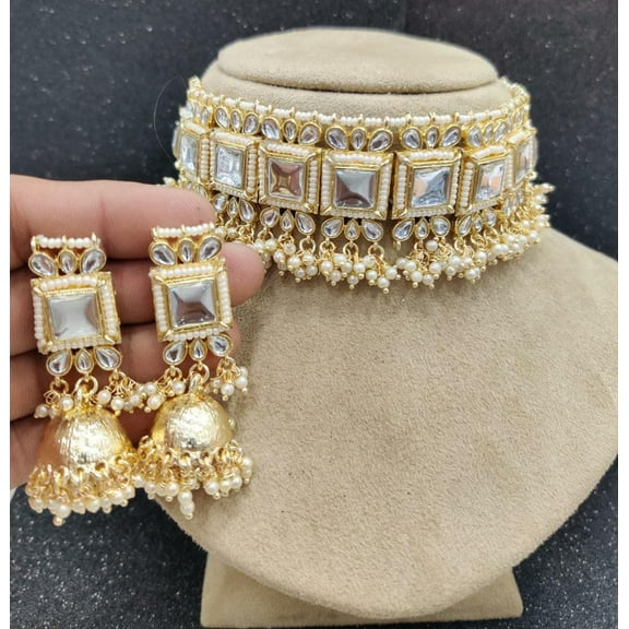Traditional Kundan Choker Necklace Set with Jhumka Earrings – Gold Plated Pearl Beaded Indian Jewelry for Women