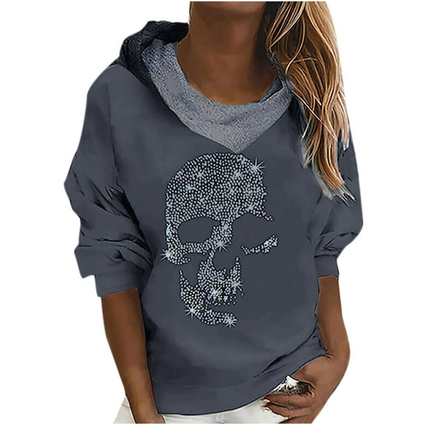 Moda Mujer O-cuello Camiseta de manga larga Estampado con capucha Blusa de bolsillo Tops Fridja fksj3190
