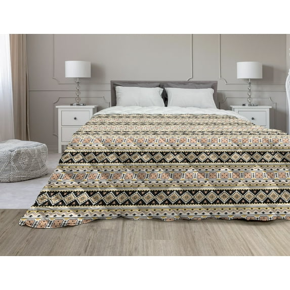 Aztec Down Alternative Comforter, Continuous Motifs in Vivid Colors Pattern, Microfiber Quilt for All Season, 5 Sizes, Night Blue Multicolor, by Ambesonne