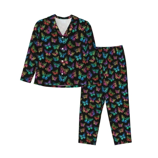 Balery Multicolored Butterflies Conjunto de Pijama con Estampado para Mujer, Conjunto de Dos Piezas con Manga Larga, Ropa de Dormir Suave con Bolsillos, Pijamas Cómodos-X-Large