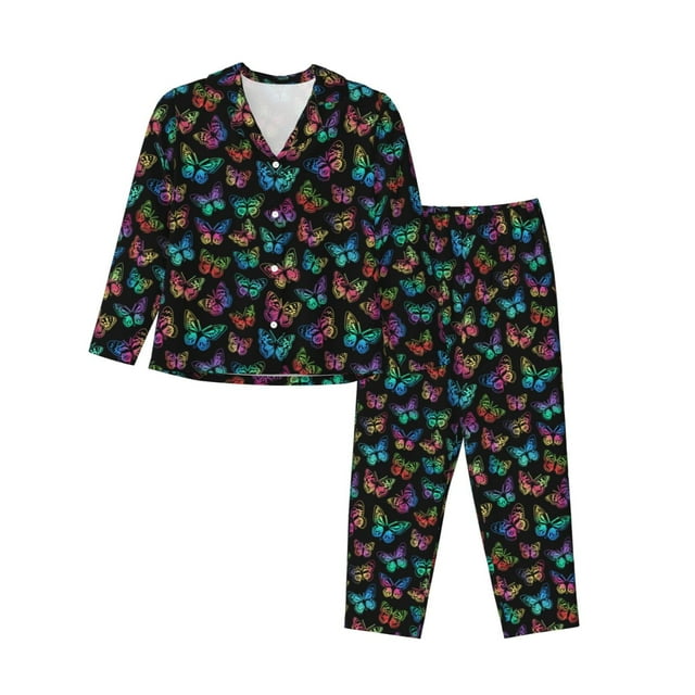 Balery Multicolored Butterflies Conjunto de Pijama con Estampado para Mujer, Conjunto de Dos Piezas con Manga Larga, Ropa de Dormir Suave con Bolsillos, Pijamas Cómodos-X-Large