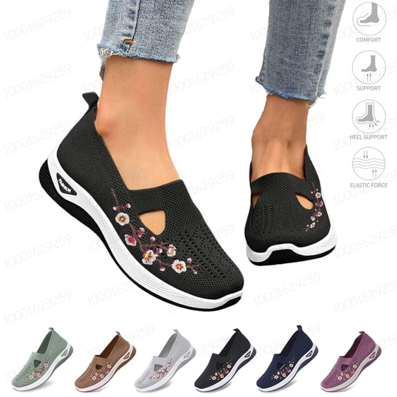 Women's Orthopaedic Shoes Summer Width H Mesh Non-Slip Walking Shoes Lightweight Arch Support Wide Foot Wide Feet Shoes Slip on Breathable Sports Comfortable Outdoor Casual Trainers,Black 43 EU