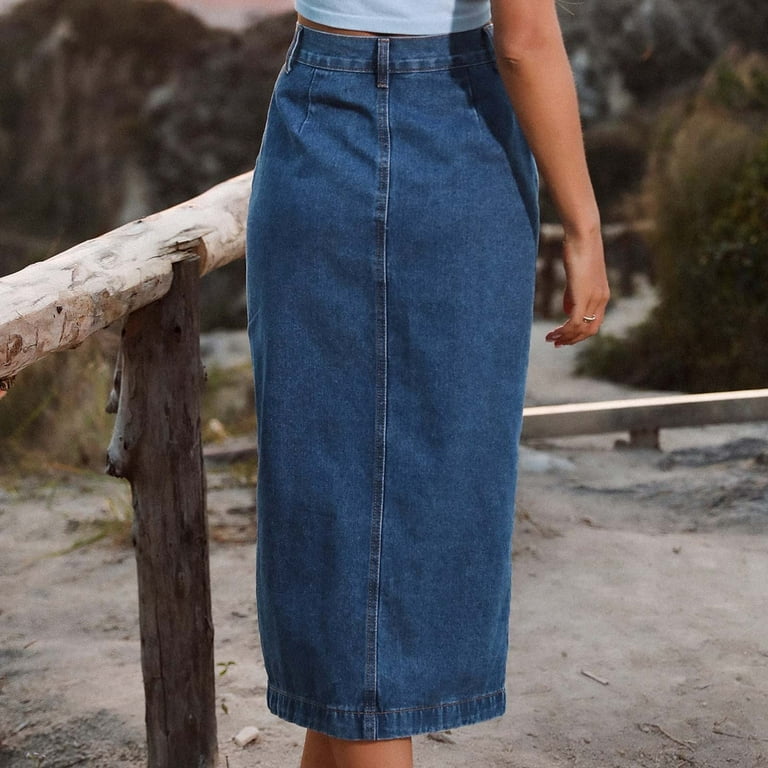 Women's High Waisted Jean Skirt Washed Distressed Split Button Up Denim  Midi Skirt Stretchy Casual Long Skirts
