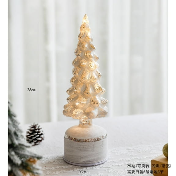 Wznxdo Rotating Glass Glitter Christmas Tree Light, Battery Operated Lit Clear Xmas Tree Figurine, Lighted Mercury Glass Decor Cordless Cone Crystal Xmas Tree Tabletop Lamp