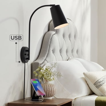 360 Lighting Mendes Modern Wall Lamps Set of 2 Black Metal Plug-in 12 1 ...