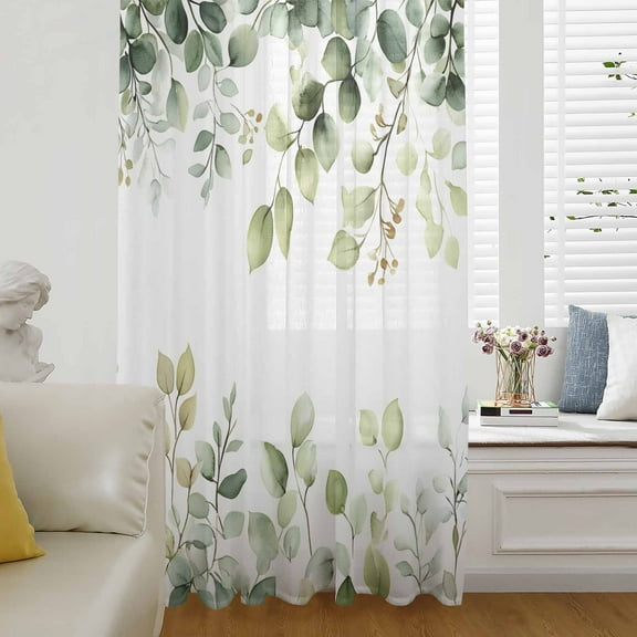 Eucalyptus Semi Sheer Curtains Drapes for Living Room, Bedroom, French Doors Window 63 Inches Long, Sage Green Brown Leaf Boho Minimalist White Rod Pocket Chiffon Curtain Drapery Voile Drape Panel