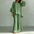 thumbnail image 5 of BRELIL Women Plus Size Two Piece Set V Neck Ruffle Sleeve Shirt Wide Leg Pants Casual Summer Loungewear Solid Boho Vacation Outfits Tracksuit Loose 2 Piece, Green XL, 5 of 5