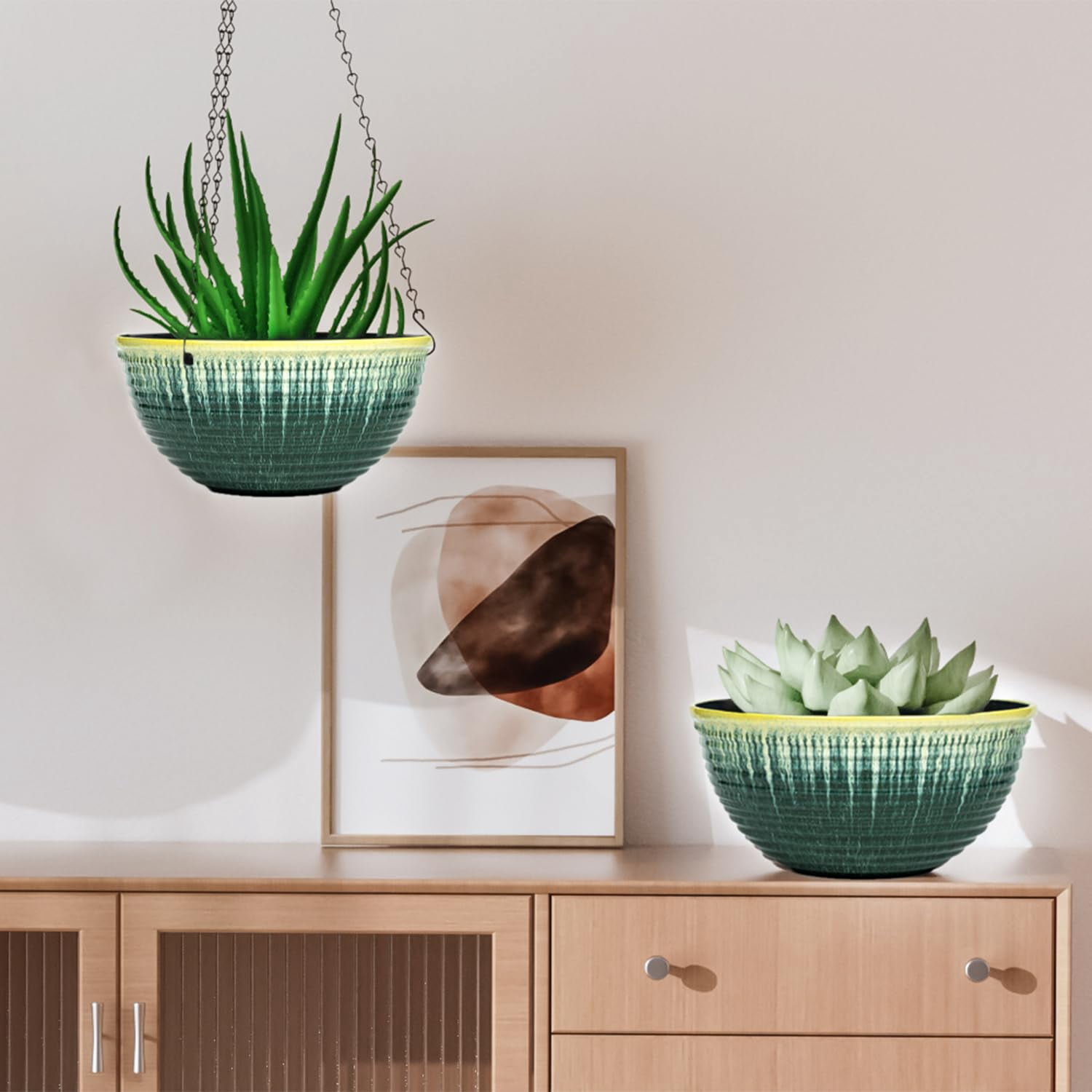 2 Pack Hanging Planters for Indoor Outdoor Plants, 10 Inch Hanging Planter with Drainage Hole & Plug Glazed Hanging Baskets Flower Pots for Garden Home (Green Glaze)