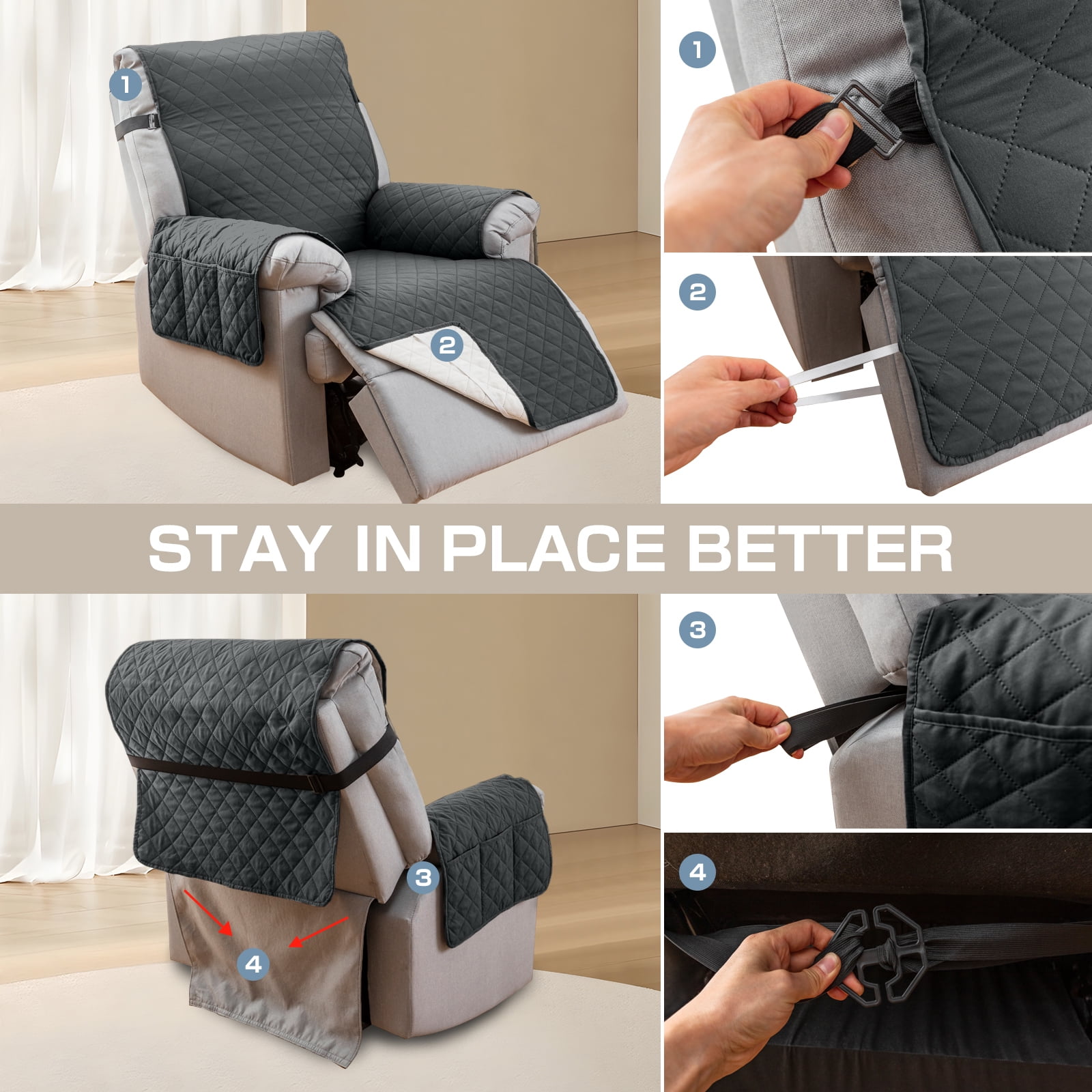 Sanmadrola Recliner Chair Cover, Recliner Cover Non-Slip Dog Chair Cover with Pocket and Elastic Straps, Reclining Couch Covers for Pets, Dogs (28 inch" Black Gray)